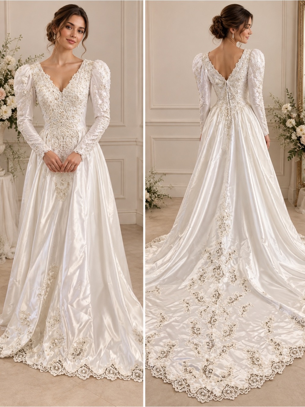 Vintage “F6” Elegant White Lace Long-Sleeve Bridal Gown